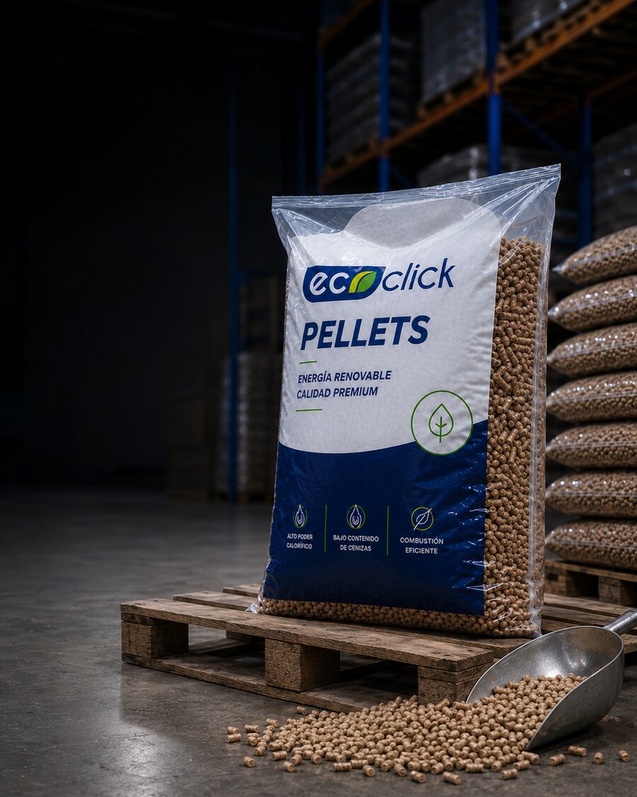 Bolsa de pellets Ecoclick sobre pallet en bodega