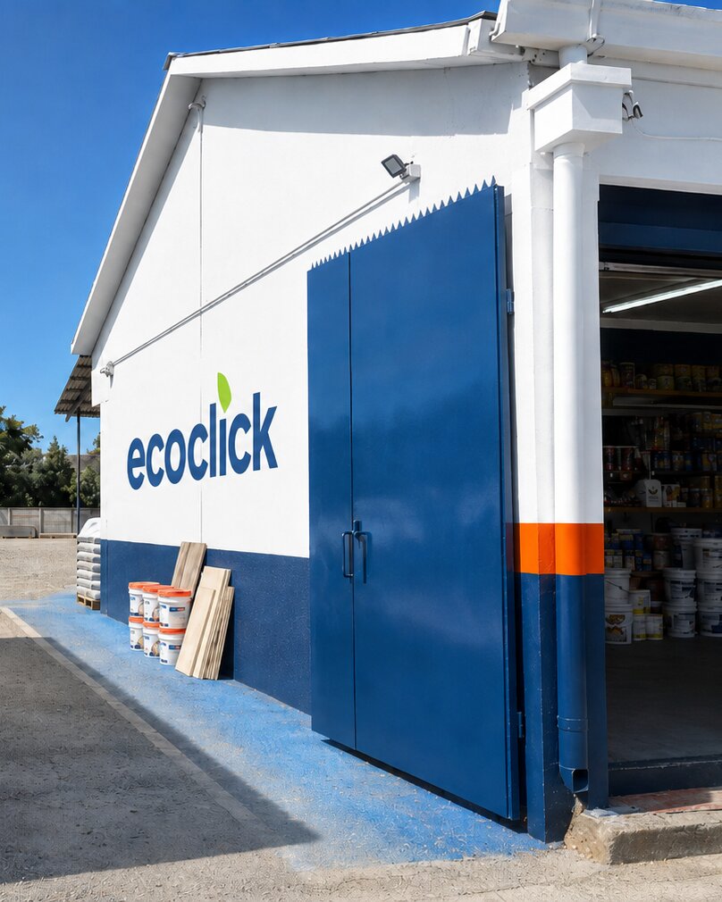 Acceso al local de Ecoclick en Chillán, con portón, bodega de atención y muro con el logo de la empresa